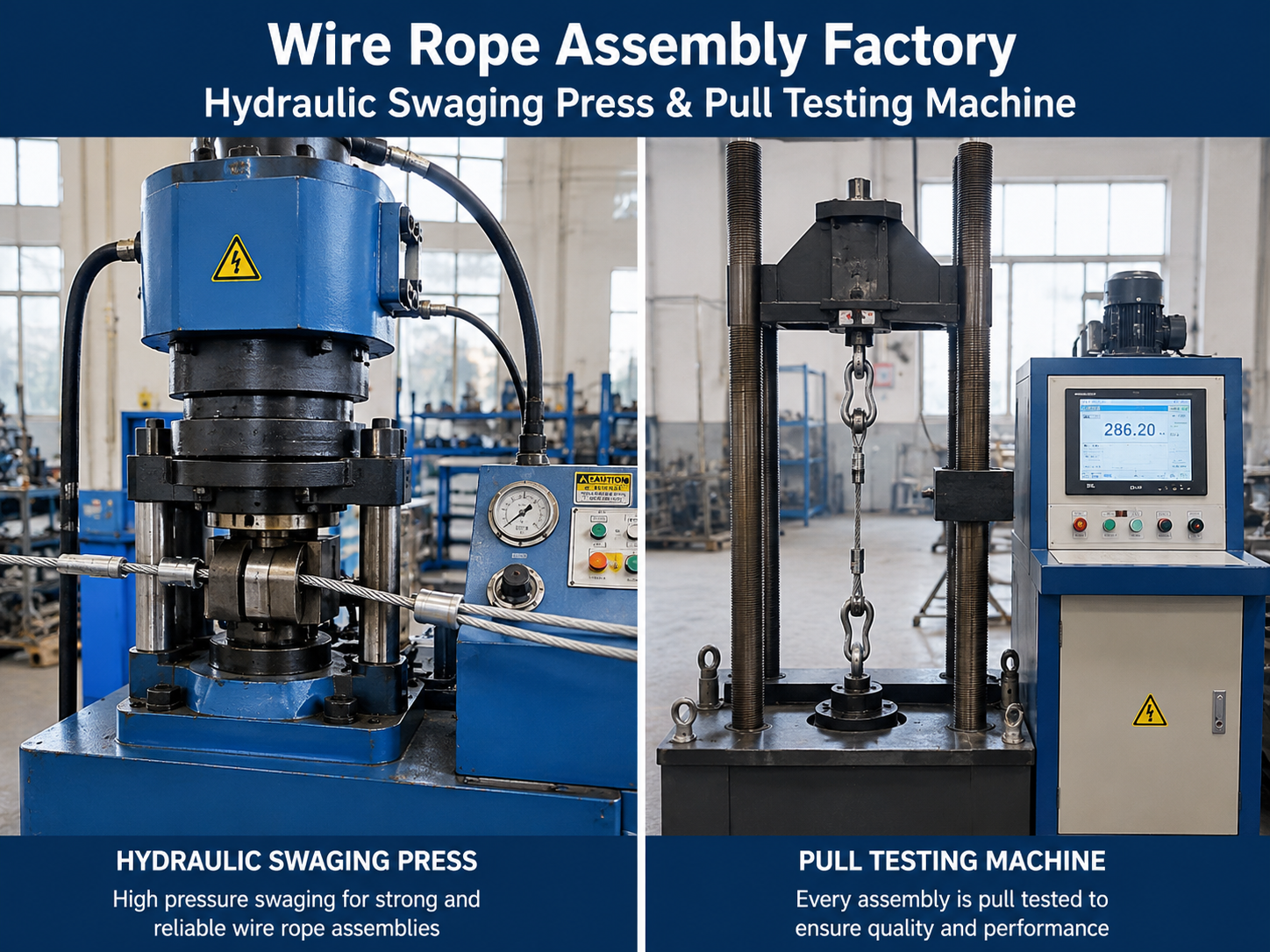Wire rope assembly factory hydraulic swaging press and pull testing machine Wire rope assembly factory hydraulic swaging press and pull testing machine